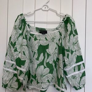 Tahari Green XL Linen White Floral Peasant Tunic